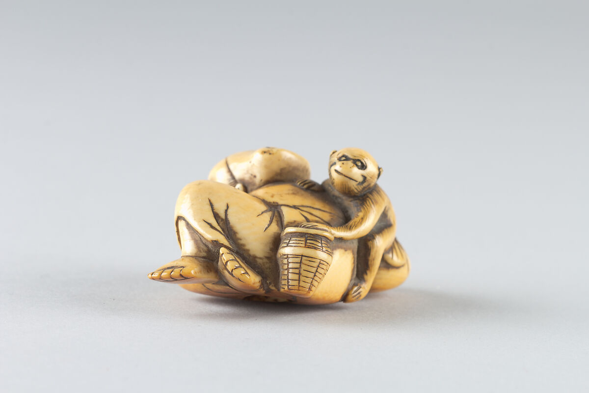 Netsuke of a Man Sleeping while Monkey Steals Contents of Basket, Ivory, Japan