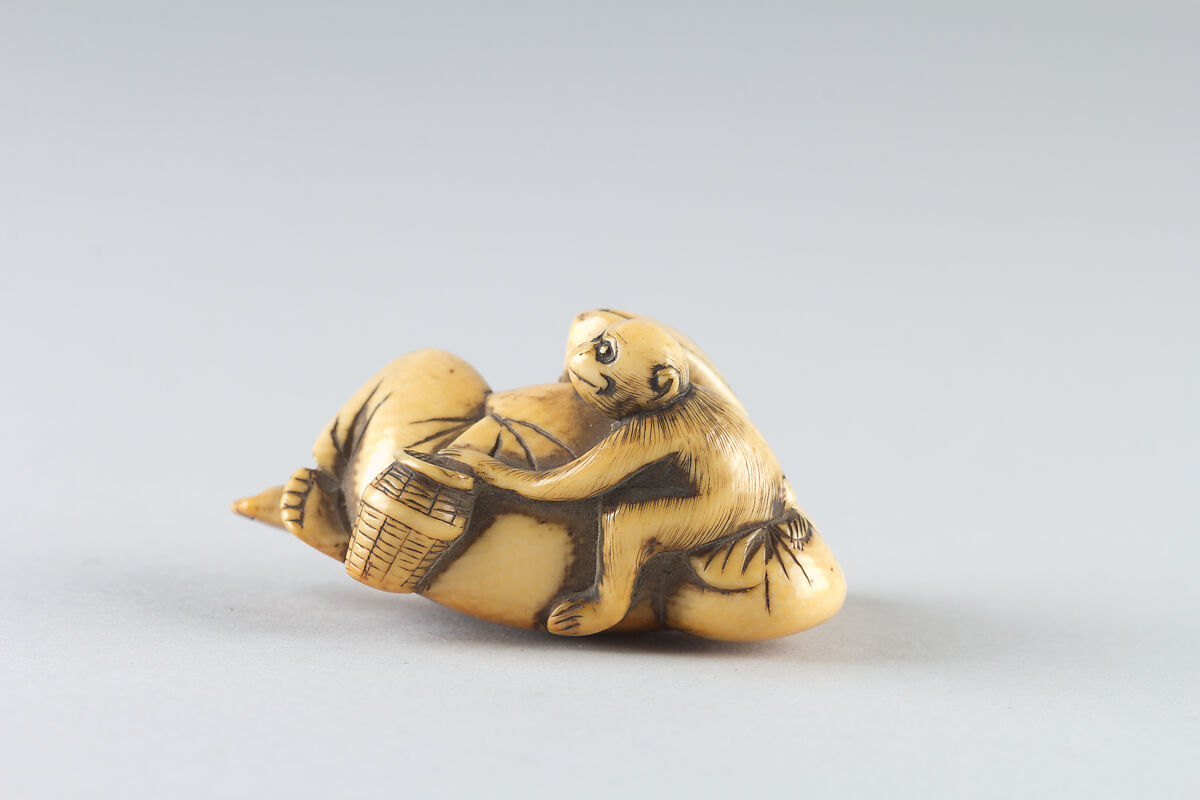 Netsuke of a Man Sleeping while Monkey Steals Contents of Basket, Ivory, Japan