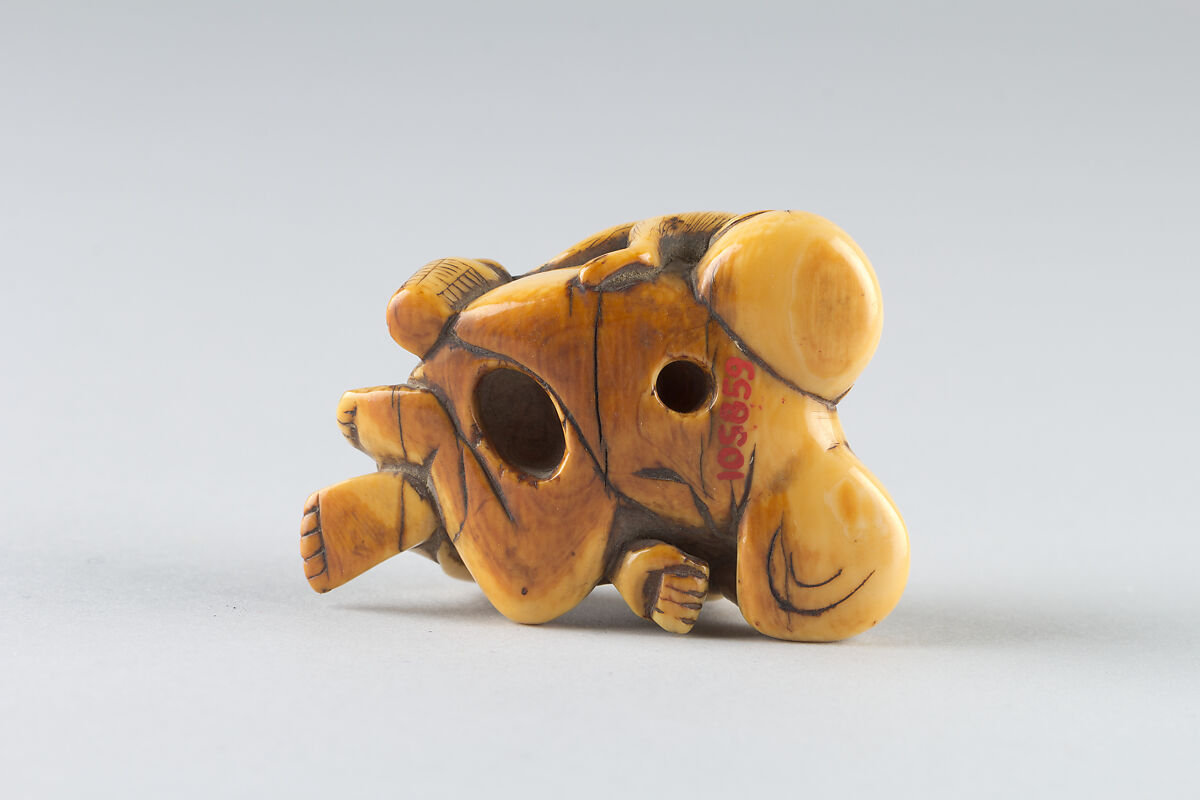 Netsuke of a Man Sleeping while Monkey Steals Contents of Basket, Ivory, Japan