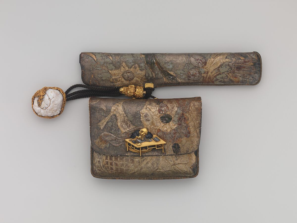 Tobacco Pouch and Pipe with Netsuke of Freshwater Pearl in Gold Mount, Pouch: Dutch embossed leather with silver foil, and color
Clasp: gold, shakudō and shibuichi
Ojime: gold
Netsuke: freshwater pearl and gold
Pipe: metal
Pipe case: Dutch embossed leather with silver foils, and color, Japan