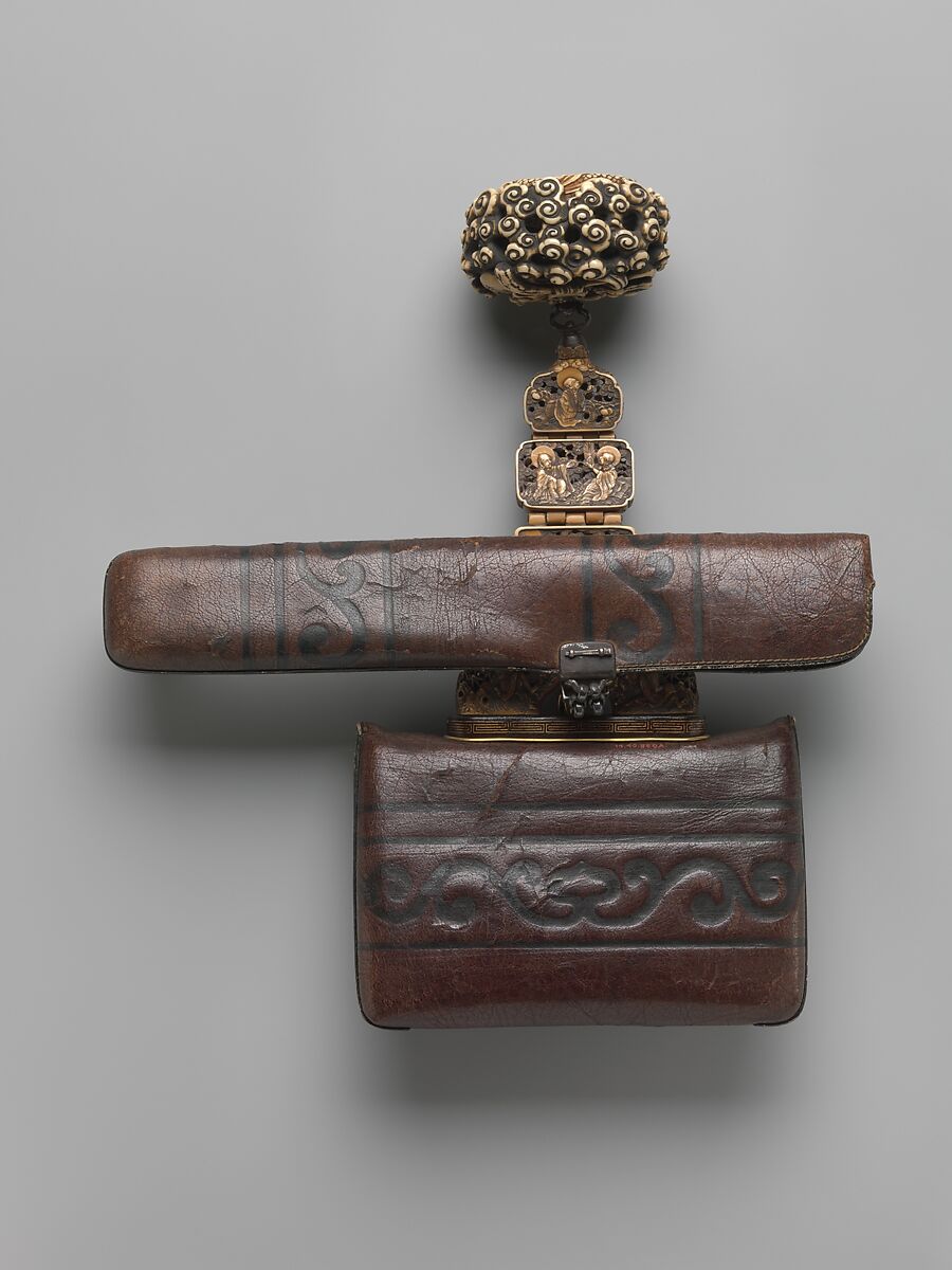 Tobacco pouch, Gold embossed leather mounted with ivory, Japan