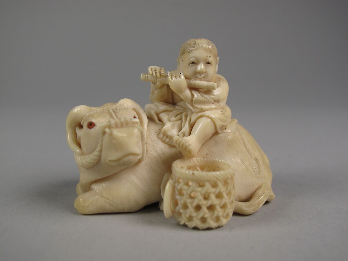 Netsuke of Ox with Bokudo, Ivory, Japan 