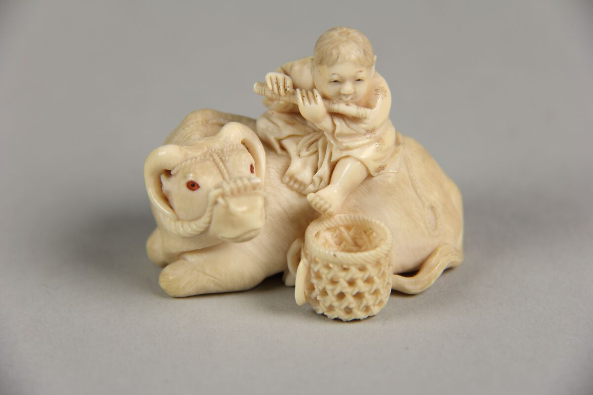 Netsuke of Ox with Bokudo, Ivory, Japan