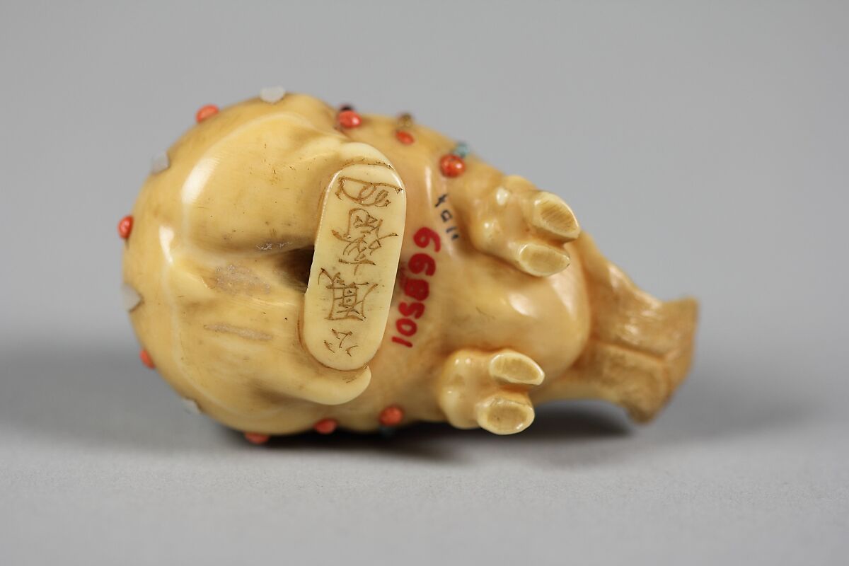Boar, Kōhōsai, Ivory inlaid with coral and small blue and white semiprecious stones, Japan