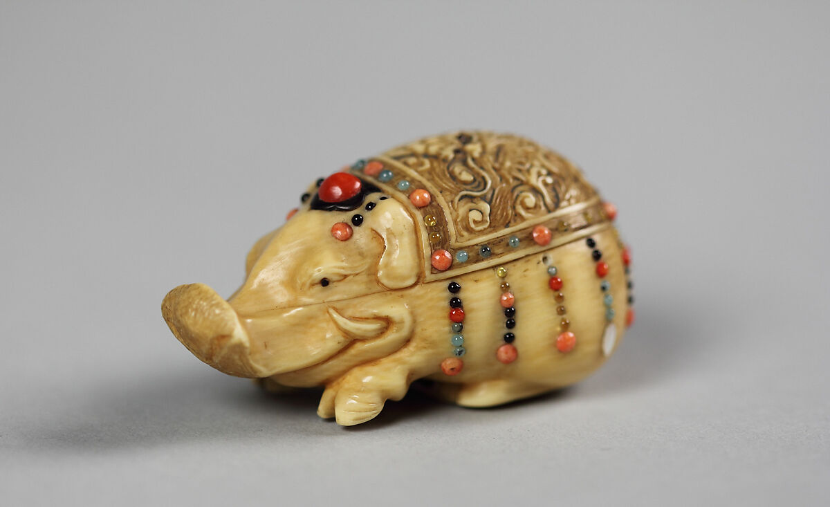 Boar, Kōhōsai, Ivory inlaid with coral and small blue and white semiprecious stones, Japan 