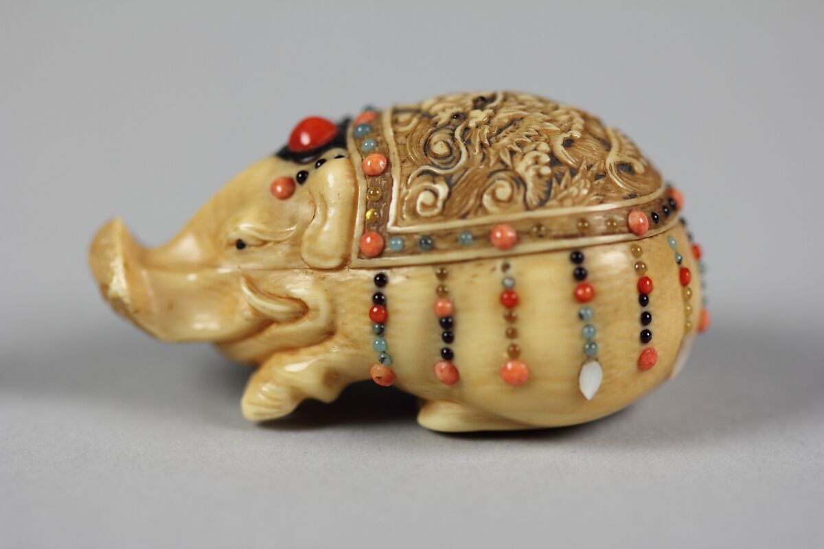 Boar, Kōhōsai, Ivory inlaid with coral and small blue and white semiprecious stones, Japan