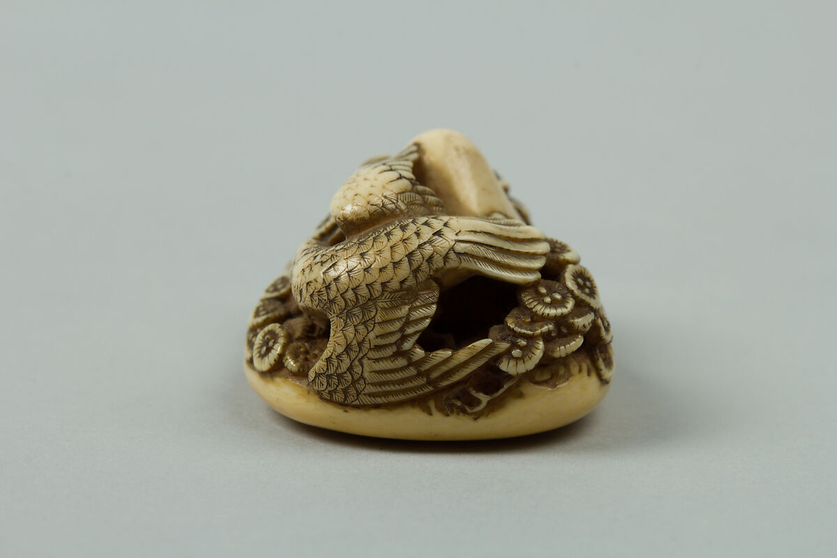 Netsuke of Mountain with Flowers and a Bird, Ivory, Japan
