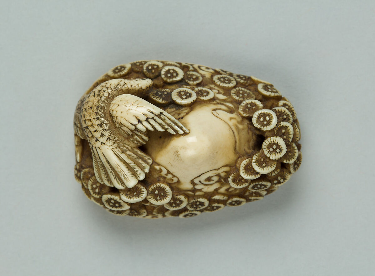 Netsuke of Mountain with Flowers and a Bird, Ivory, Japan