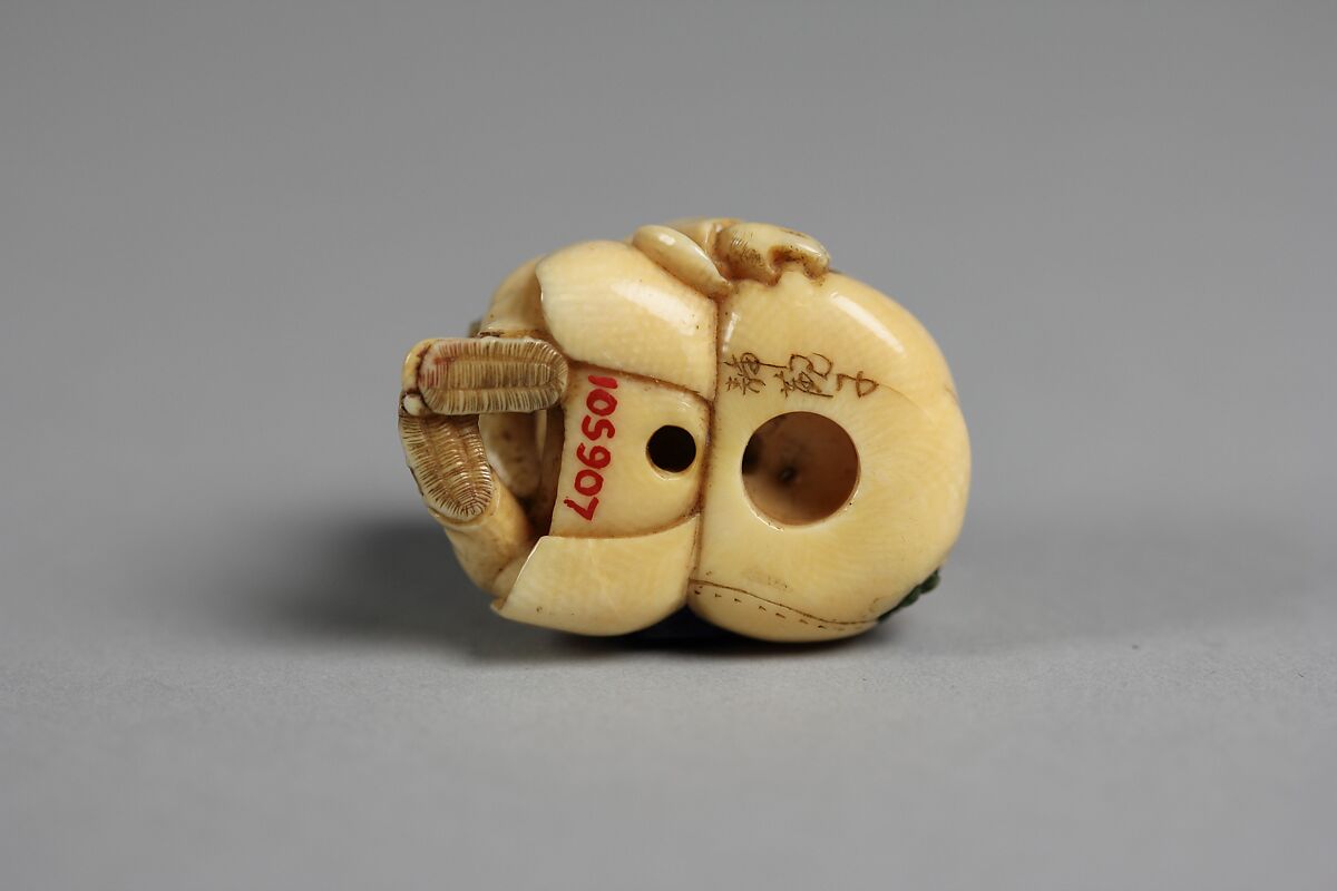 Netsuke of Old Man Carrying a Bag of Ōni (Demons), Ivory, wood and metal, Japan