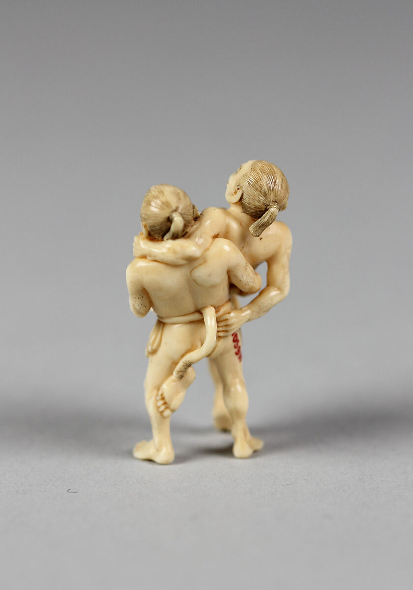 Netsuke of Two Wrestlers, Ivory, Japan