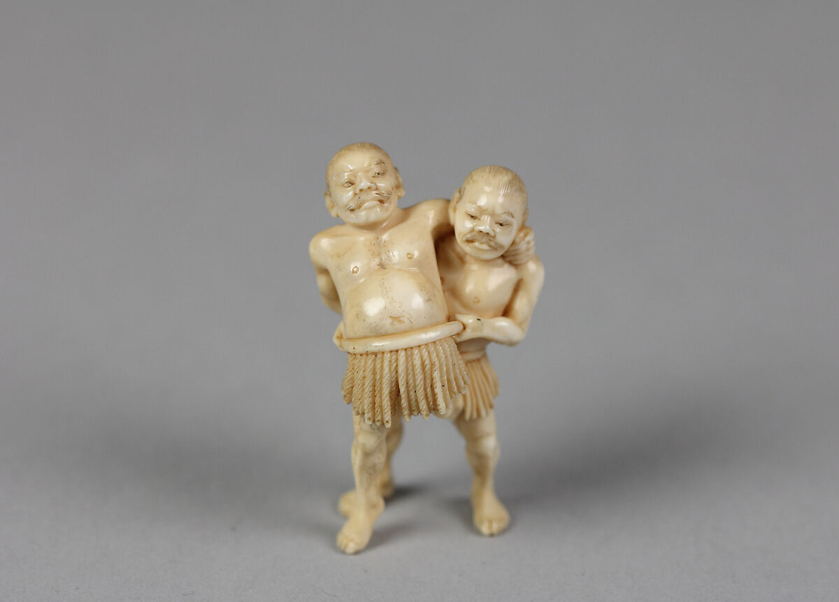 Netsuke of Two Wrestlers, Ivory, Japan 