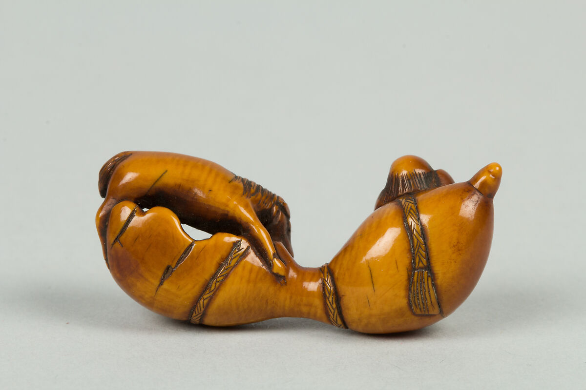 Netsuke of Small Gourd with Horse and Man, Ivory, Japan