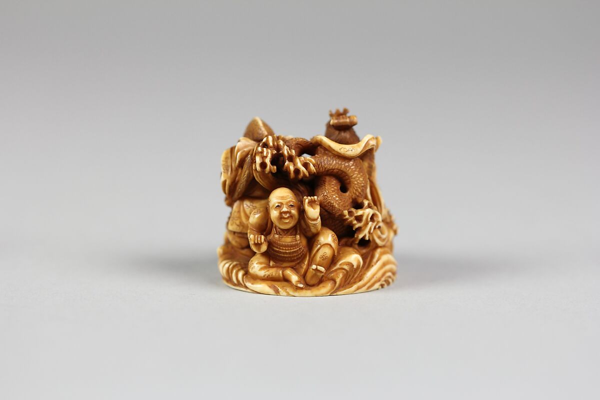 Netsuke of Two Seated Figures and a Dragon, Ivory, Japan