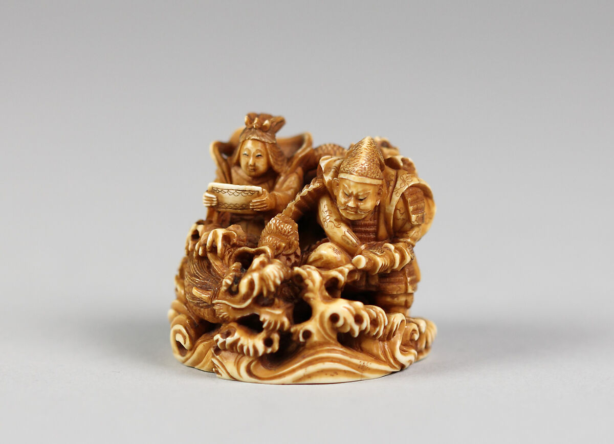 Netsuke of Two Seated Figures and a Dragon, Ivory, Japan 