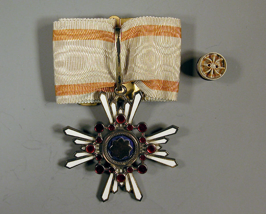 Medal and Button, White ribbon with yellow stripes, Japan 