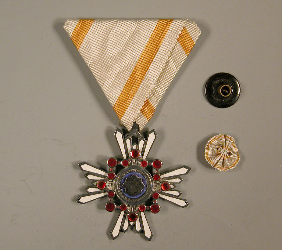 Medal and Button, White triangular ribbon with yellow stripes, Japan 