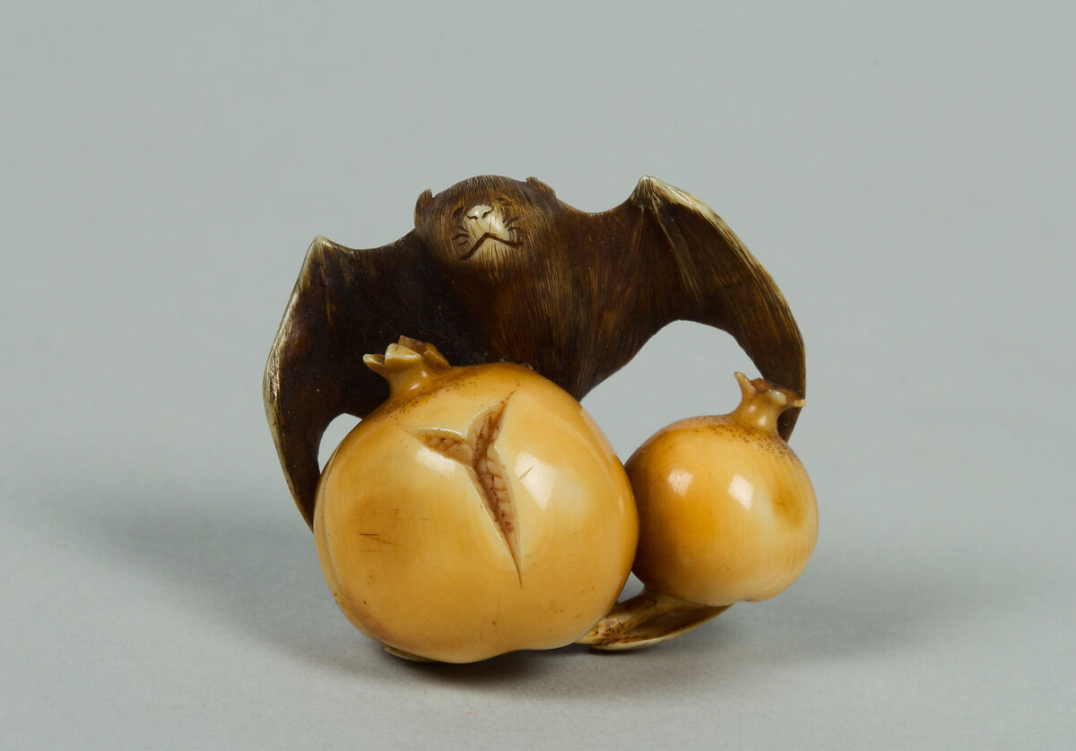 Netsuke of Bat and Fruit, Ivory, Japan 