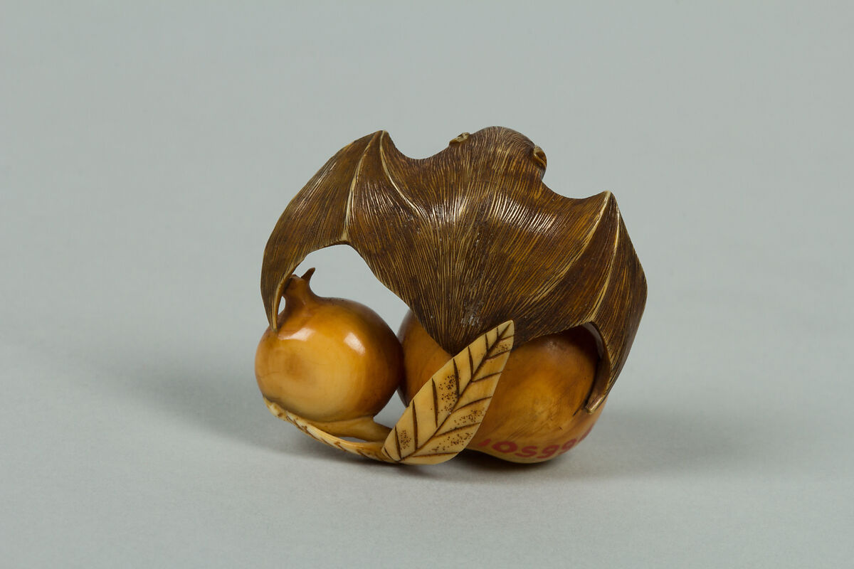 Netsuke of Bat and Fruit, Ivory, Japan