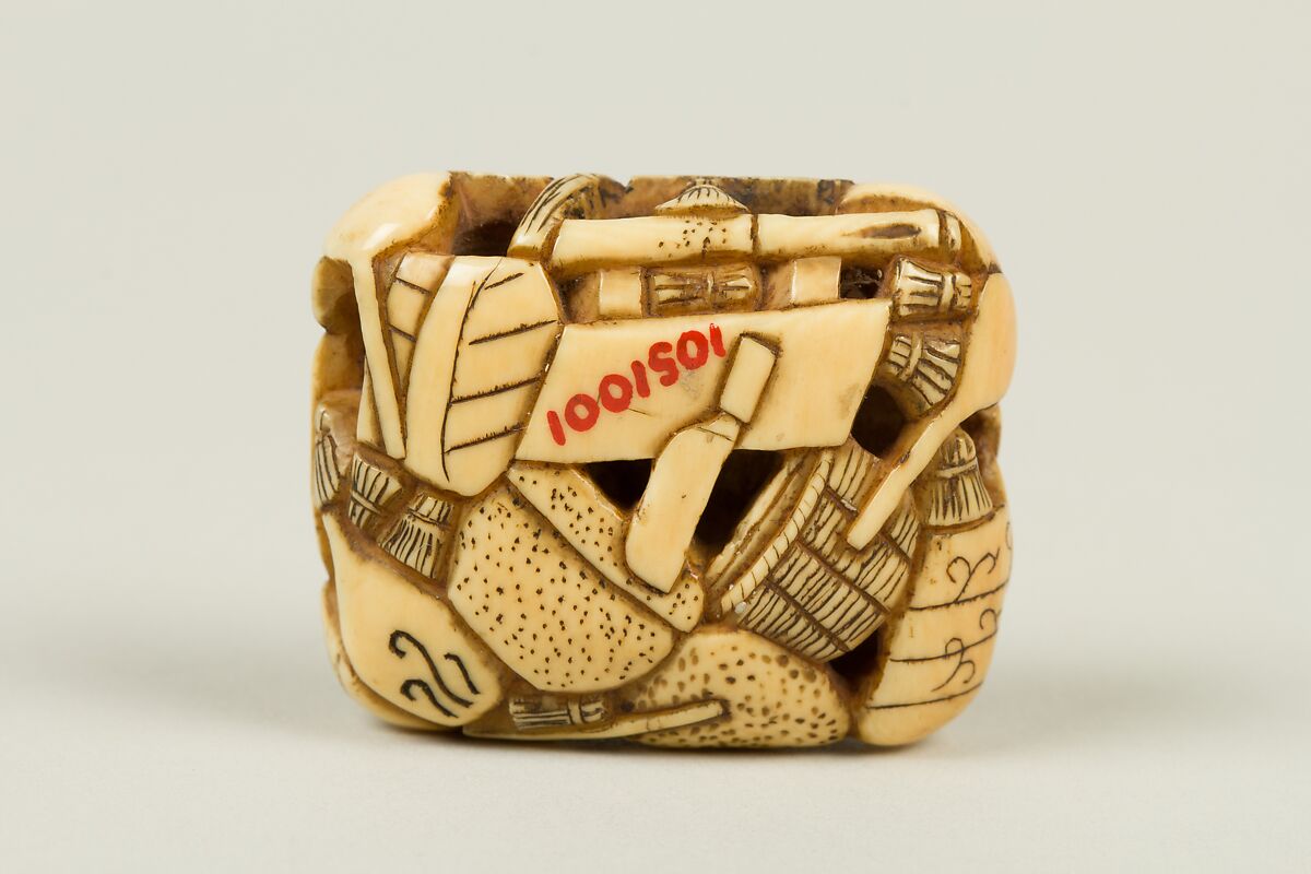 Netsuke with Carving of Household Utensils, Ryūsa (Japanese, active late 18th century), Ivory, Japan