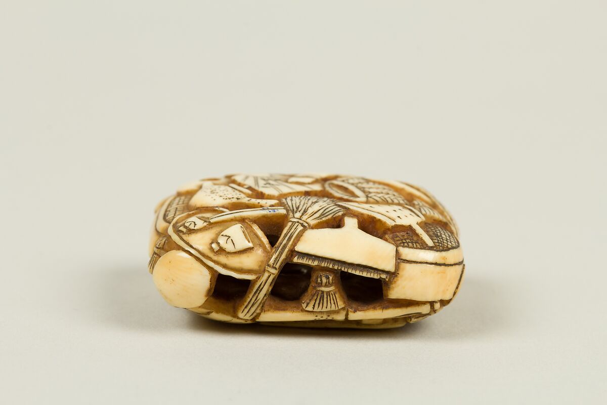 Netsuke with Carving of Household Utensils, Ryūsa (Japanese, active late 18th century), Ivory, Japan