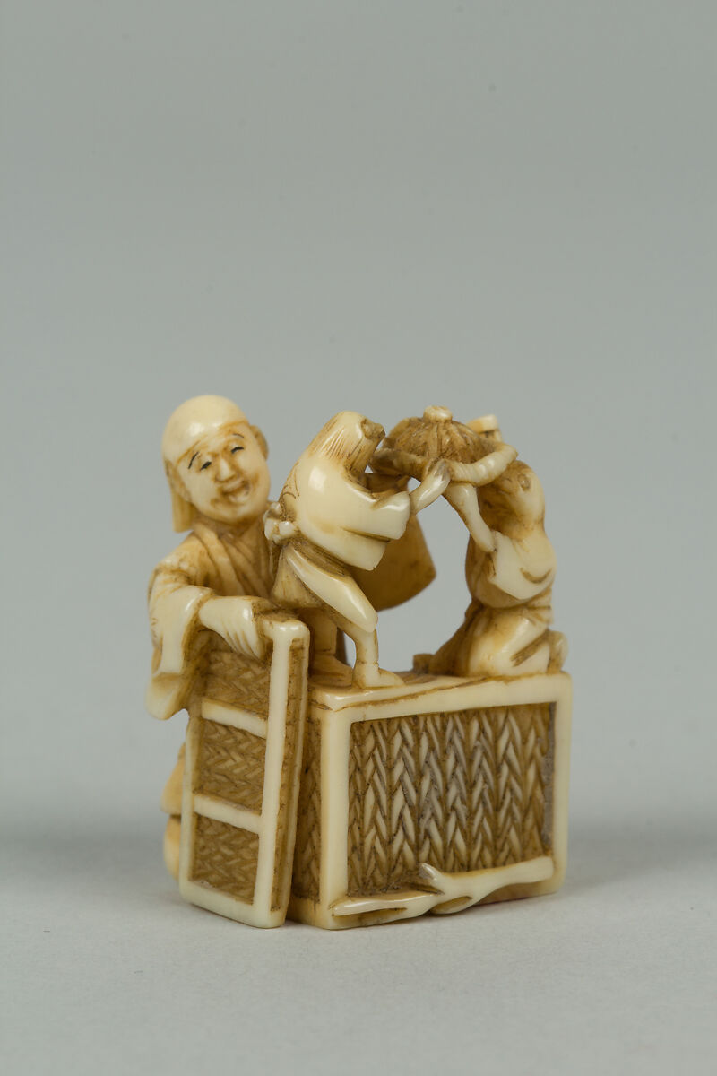 Netsuke of Man Training Birds, Ivory, Japan 