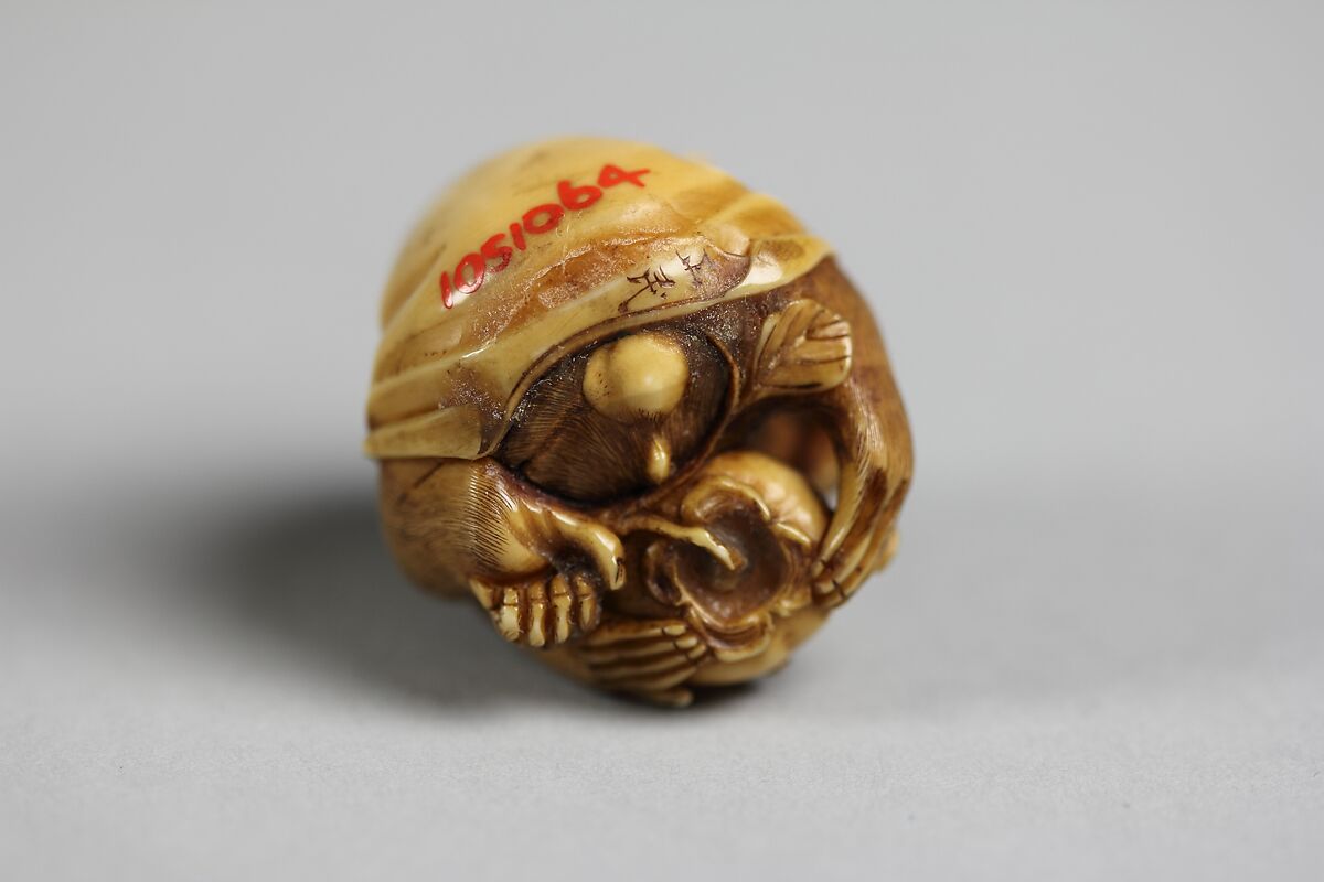 Netsuke of Monkey Looking at a Fly through a Magnifying Glass, Ivory, Japan