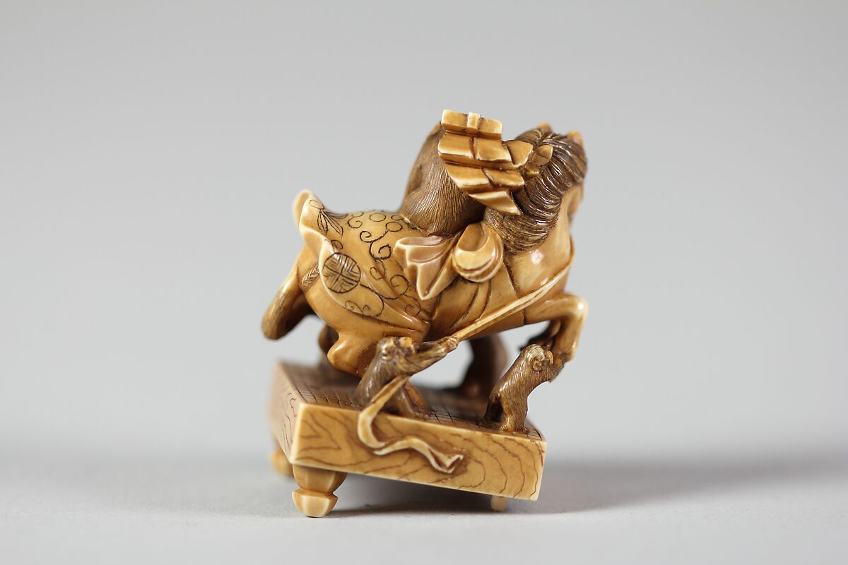 Netsuke of a Horse on a Pedestal with Monkeys Playing About, Ivory, Japan