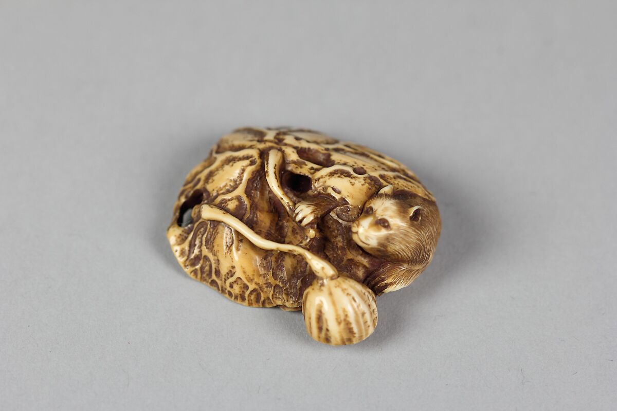 Netsuke of Beaver in Lotus Pond, Ivory, Japan