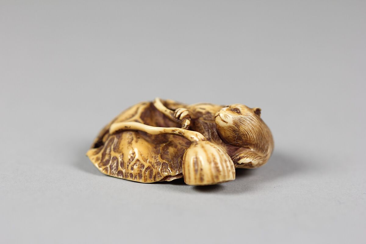 Netsuke of Beaver in Lotus Pond, Ivory, Japan 