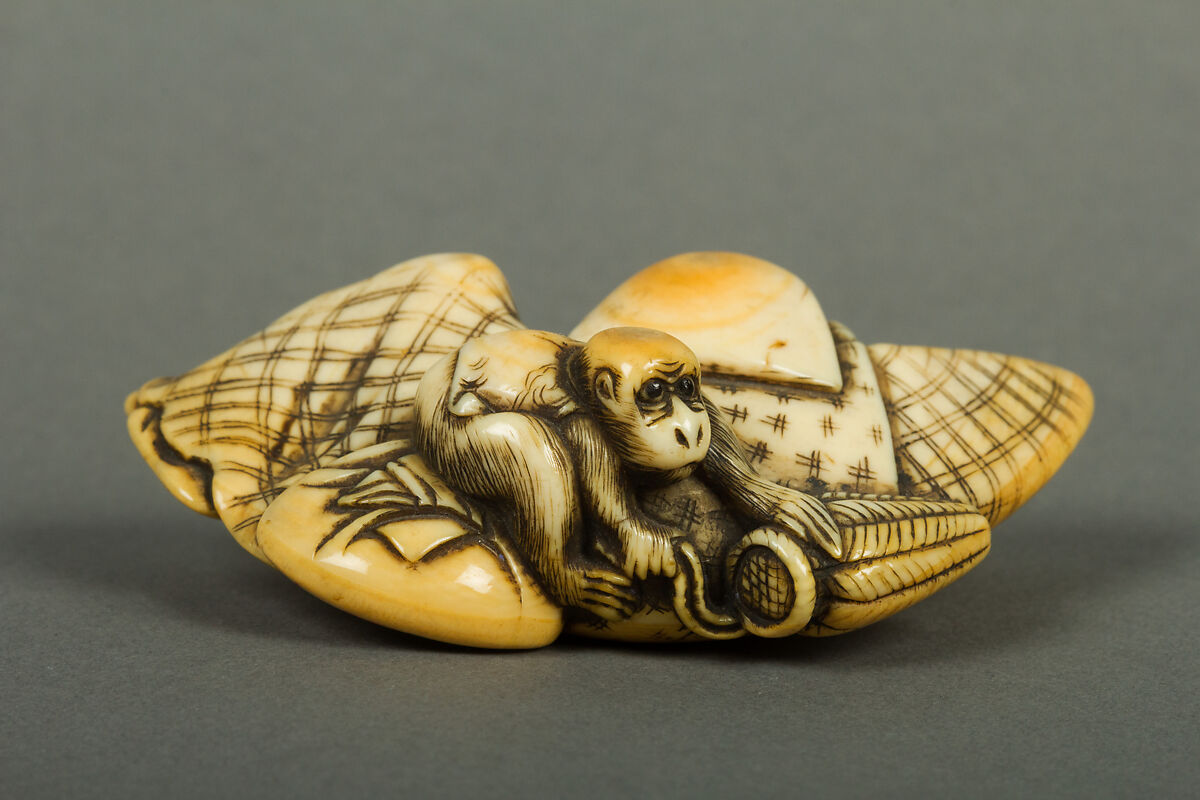 Netsuke of Woman and Monkey, Ivory, Japan