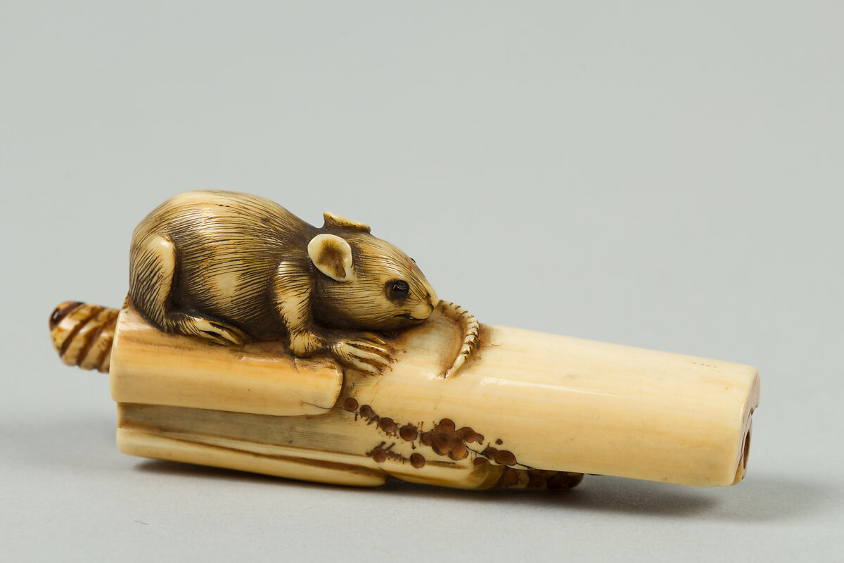 Netsuke of Mouse on Bamboo, Ivory, Japan 