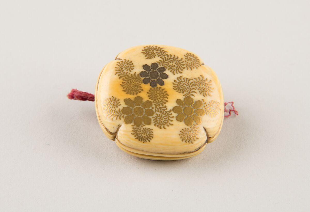 Netsuke with Floral Decoration, Ivory, lacquer, Japan 