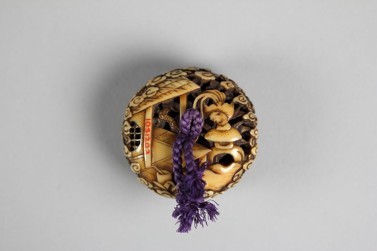 Netsuke of Munechika Forging Blade "Little Fox", Ivory with silver insert, Japan