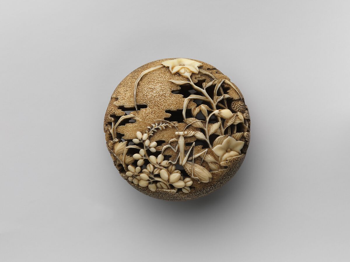 Flowers and Grasses with a Praying-Mantis, Attributed to Ryūsa (Japanese, active late 18th century), Ivory, Japan 