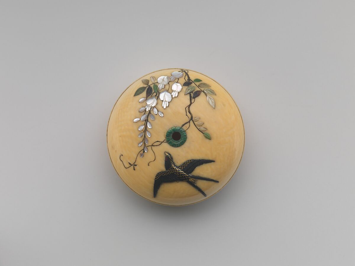 Netsuke of Flying Goose over Flowers, Ivory, decorated with bird in shakudo and flowers in mother-of-pearl, Japan