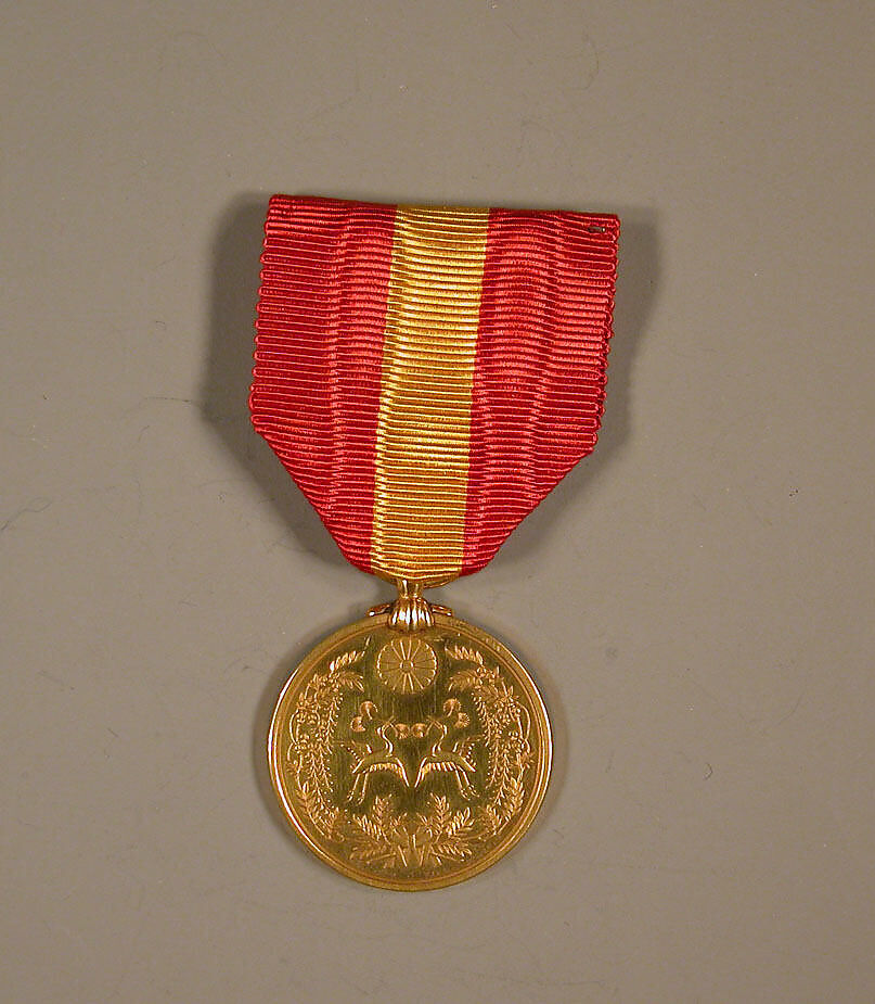 Medal, Gold; red ribbon with yellow stripe, Japan 