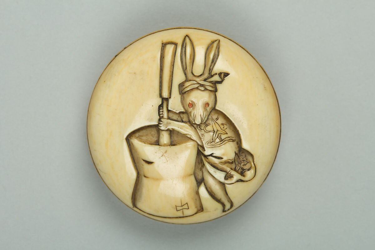 Netsuke of Rabbit Stirring Elixir, Ivory, Japan 