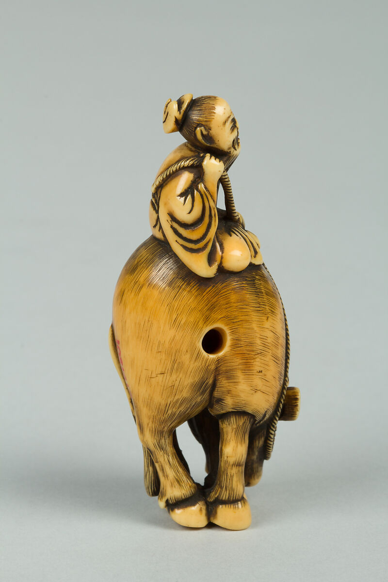 Netsuke of Man Riding a Buffalo, Ivory, Japan