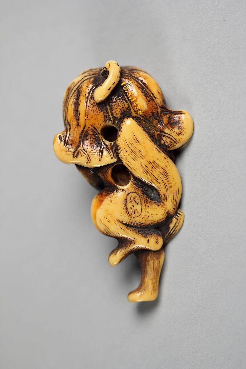 Tanuki (Japanese Racoon Dog) with a Sake Bottle and Bills for Sake, Garaku (Japanese, active second half of the 18th century), Ivory, Japan