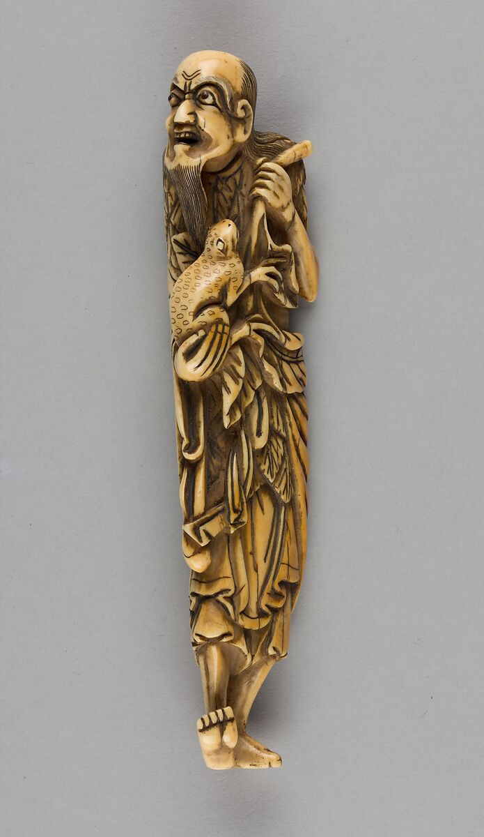 Netsuke of Man Carrying a Frog in One Hand and a Branch in the Other, Ivory, Japan 