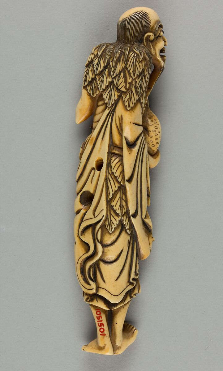 Netsuke of Man Carrying a Frog in One Hand and a Branch in the Other, Ivory, Japan