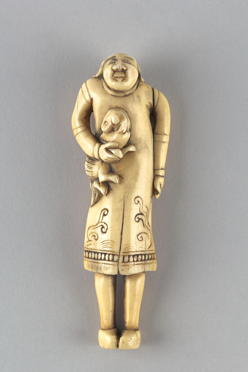 Netsuke of Foreigner Carrying a Dog, Ivory, Japan 
