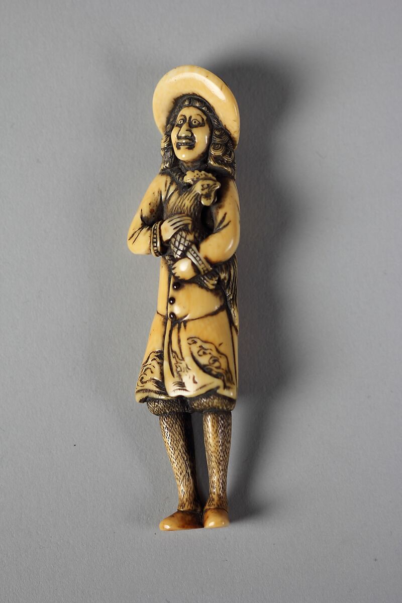 Netsuke of Dutchman Holding a Cock in His Arms, Ivory, Japan