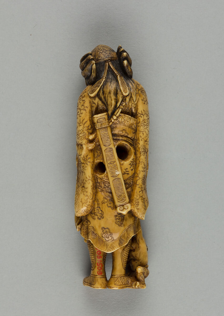 Netsuke of a Man and Two Demons, Ivory; inlaid eyes, Japan
