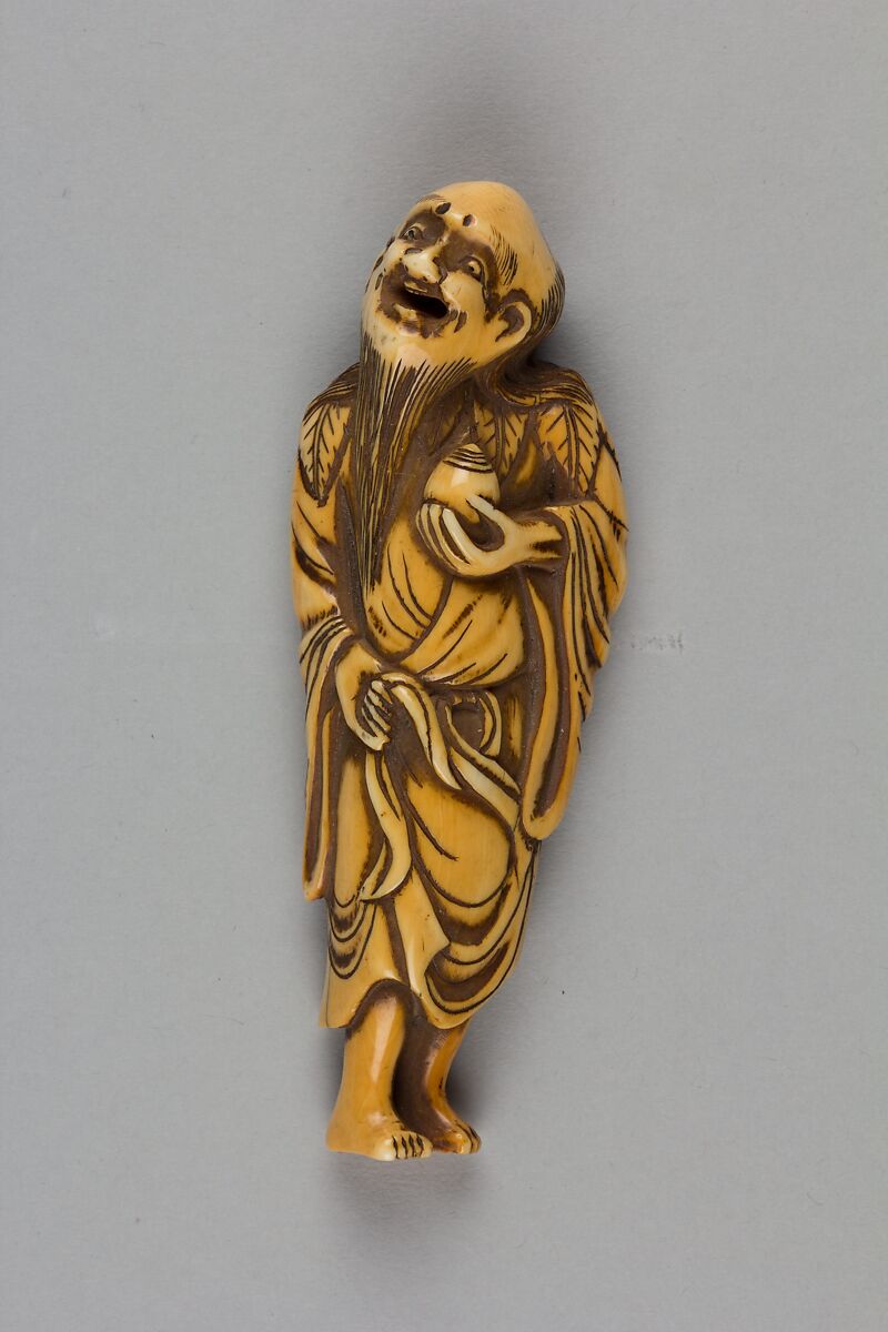 Netsuke of Man with Long Beard Carrying a Vase, Ivory, Japan 