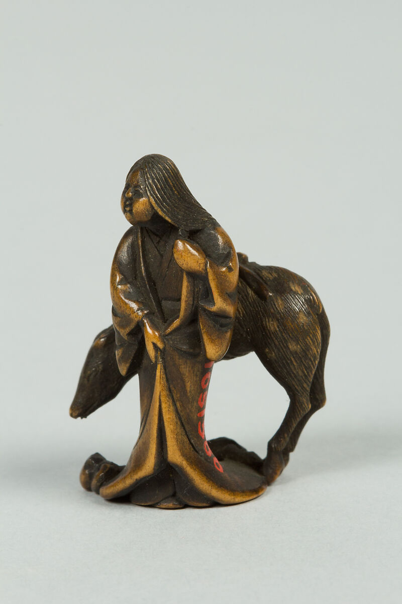 Netsuke of Woman and Deer, Wood, Japan 