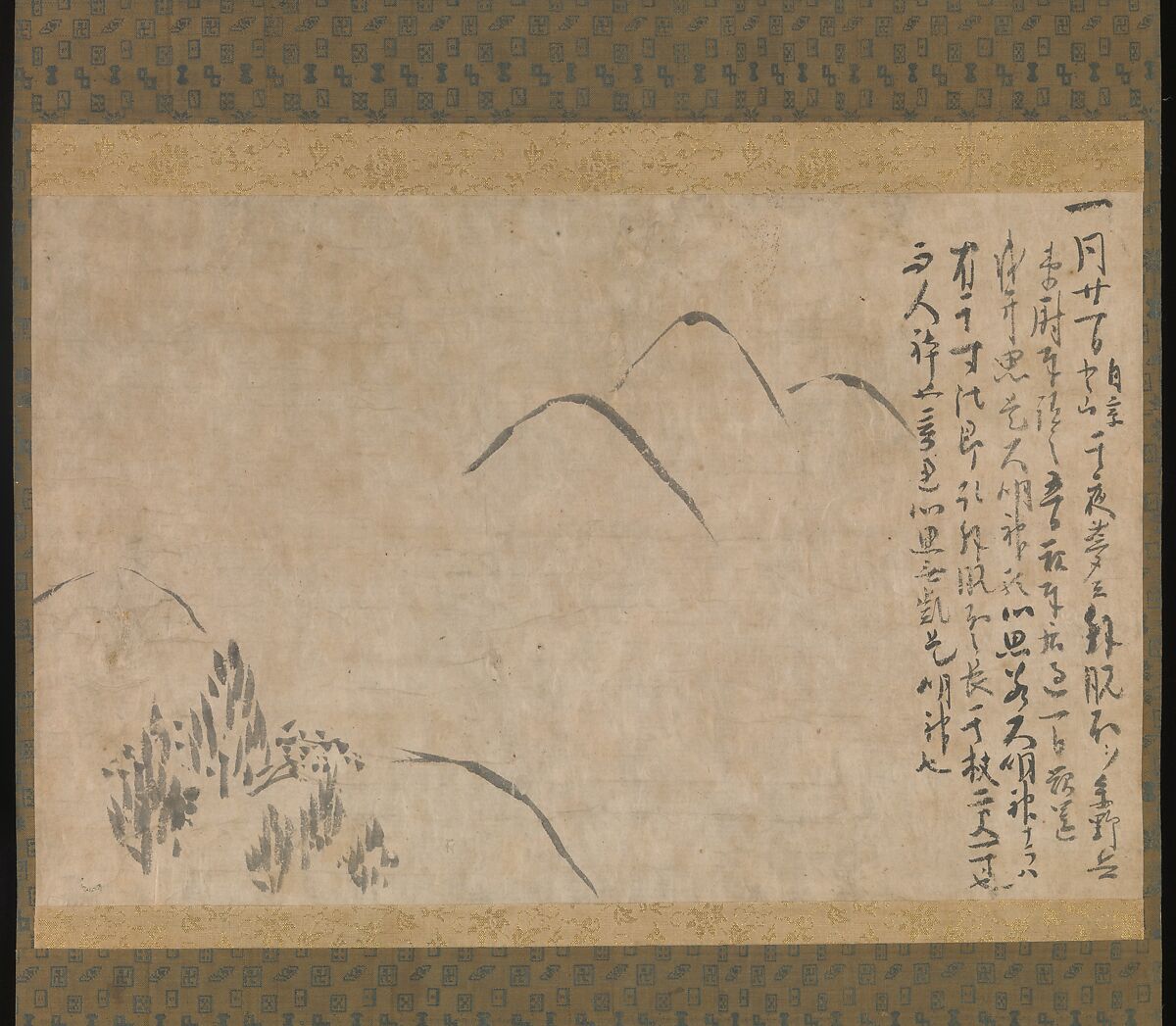 Section of the Dream Diary with a Sketch of Mountains, Myōe Kōben 明恵高弁 (Japanese, 1173–1232), Hanging scroll; ink on paper, Japan 