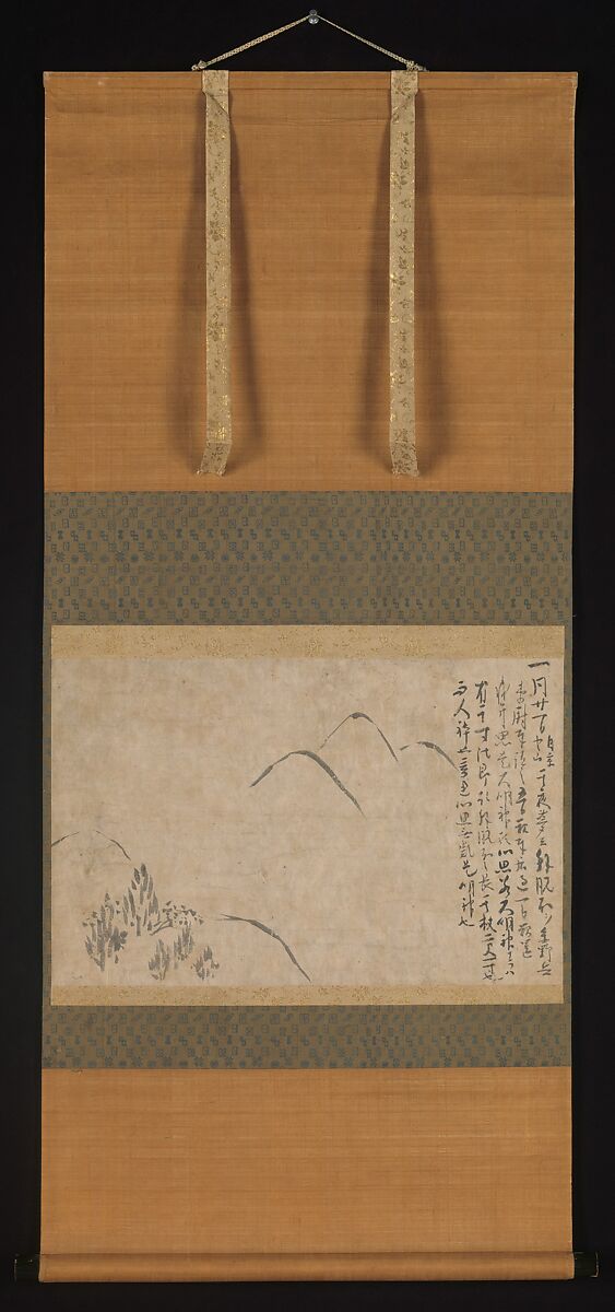 Section of the Dream Diary with a Sketch of Mountains, Myōe Kōben 明恵高弁 (Japanese, 1173–1232), Hanging scroll; ink on paper, Japan