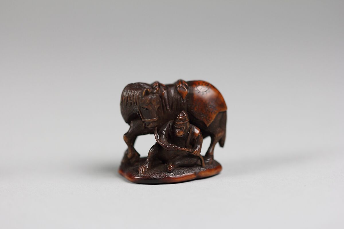 Netsuke of Monkey Holding Horse Rein, Wood, Japan 