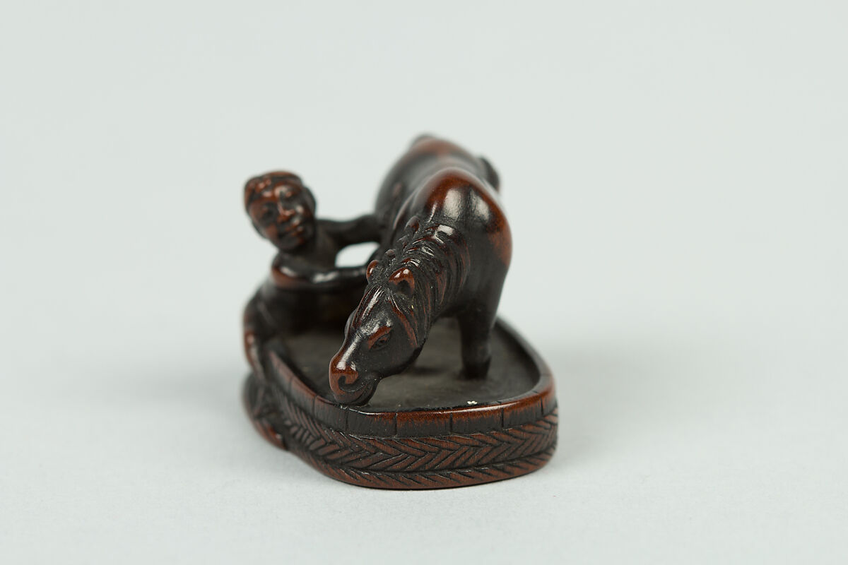 Netsuke of Boy Washing a Horse, Wood, Japan